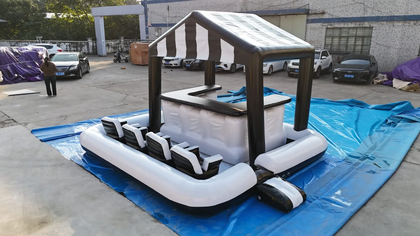Original DSPR factory photo of the single-level floating bar, canopy, four chairs and boarding step
